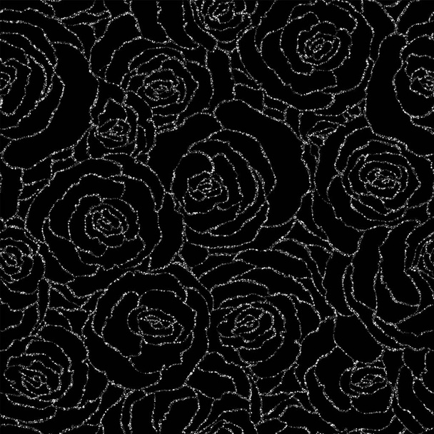 Seamless pattern with vector silver glitter roses. Vector illustration of a silhouette of a flower, consisting of sequins or glitter. Glittering decoration background, glamour shiny texture with spark - Διάνυσμα, εικόνα