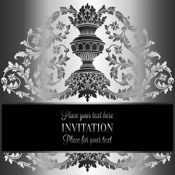 Victorian rich background with antique, luxury gray and silver vintage frame, ornamental banner, royal gold vase with floral lacy swirls, invitation card in baroque style, booklet with fashion pattern - Vector, Image