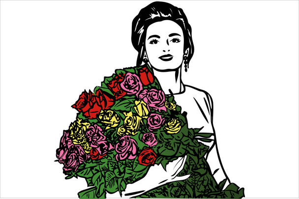 vector sketch of a beautiful girl with a bouquet of roses - Vector, Image
