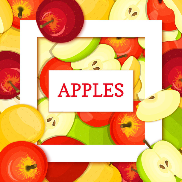 Τετράγωνο λευκό πλαίσιο και ορθογώνιο ετικέτα σε μήλο φόντο. Vector εικονογράφηση κάρτας. Φρούτα μήλα στενότητα χώρου για τη συσκευασία τροφίμων σχεδιασμού, χυμό, μαρμελάδα, παγωτό, smoothies, detox, καλλυντικά, τσάι. - Διάνυσμα, εικόνα