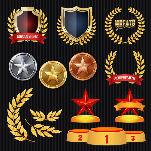 Vector Awards And Trophies Collection. Golden Badges And Labels. Championship Design. 1st, 2nd, 3rd Place. Golden, Silver, Bronze Achievement. Badge, Medal. - Vector, Image