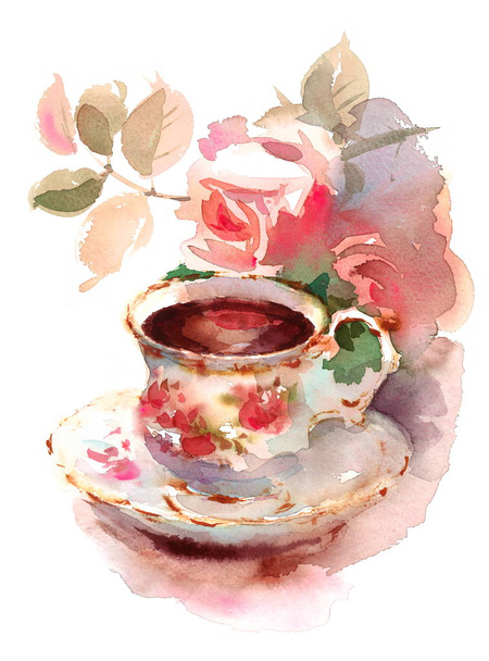 Aquarelle Vintage Porcelaine Teacup et Roses de Jardin Fleurs Floral Peint à la main Illustration
 - Photo, image