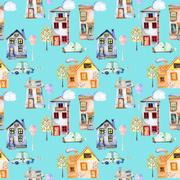 Seamless pattern with cute cartoon watercolor english houses, cars, trees and clouds - Photo, Image