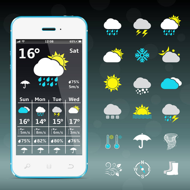 Realistic mobile phone with weather forecast widget and icons - Вектор,изображение