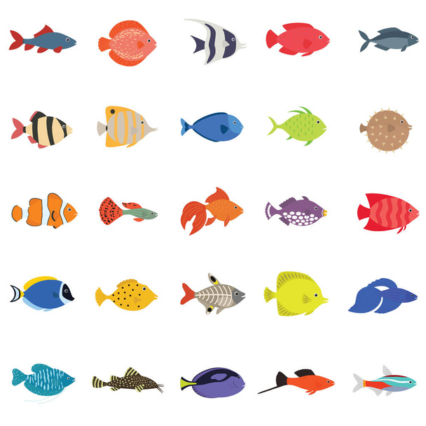 Cute fish vector illustration icons set. Tropical fish, sea fish, aquarium fish - Vektör, Görsel