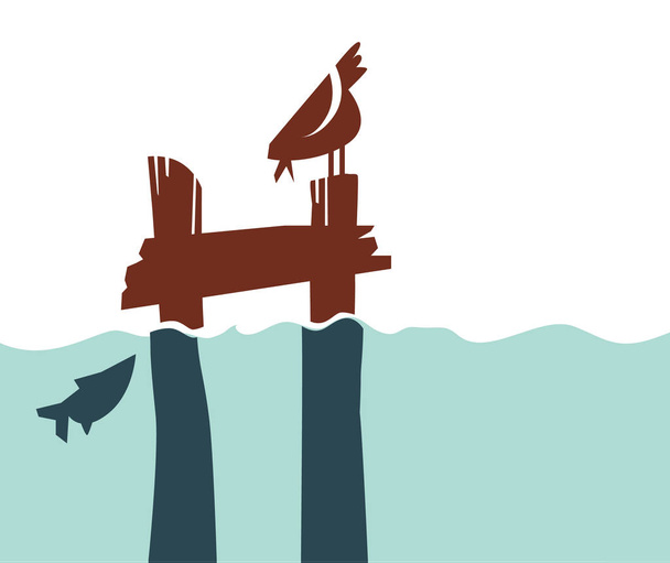 Απλό ρετρό στυλ προβλήτα με πουλιών και ψαριών για το εικονίδιο, το λογότυπο, σήμα. Εικονογράφηση διάνυσμα σιλουέτα  - Διάνυσμα, εικόνα
