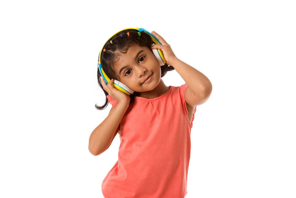 Music and technology concept.Child with headphones.Isolated - Photo, Image
