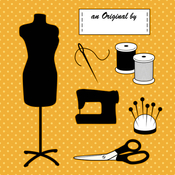 Naaien Fashion Model Mannequin, Do It Yourself accessoires, gouden Polka Dot achtergrond - Vector, afbeelding