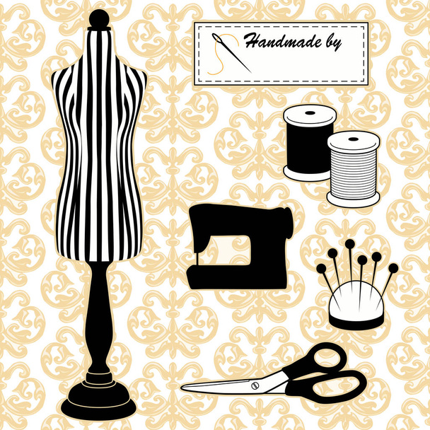 Sewing Fashion Model Mannequin, Do It Yourself Accessories, Gold Damask Background - Διάνυσμα, εικόνα