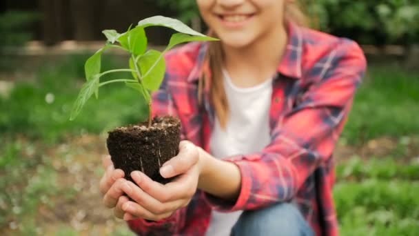 Vídeo en cámara lenta de una linda chica sonriente sosteniendo plántulas de plantas en el jardín / Concepto de nueva vida
 - Imágenes, Vídeo