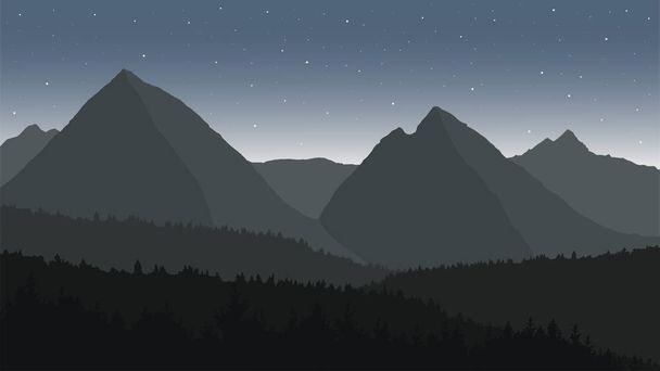 Uitzicht op het berglandschap met bossen onder de nachtelijke hemel met sterren - vector - Vector, afbeelding