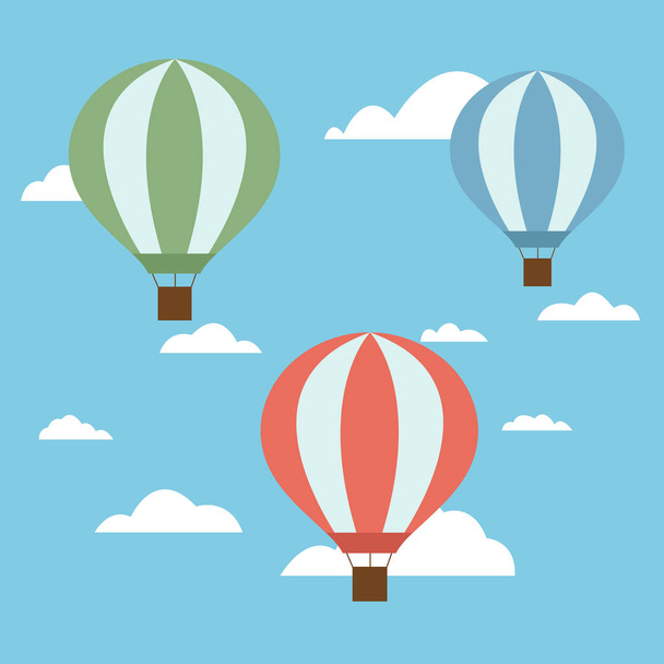 Ensemble de trois montgolfières colorées de couleurs rouge-vert et bleu avec un panier et des cordes volant haut après un ciel bleu vif avec des nuages blancs - Vecteur
 - Vecteur, image