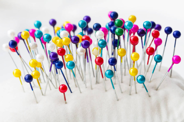 Multicolored sewing pins in the white pin cushion. - Photo, Image