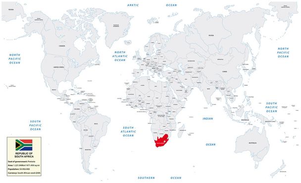 Mappa del mondo con la Repubblica del Sudafrica, piccola casella informativa e bandiera
 - Vettoriali, immagini