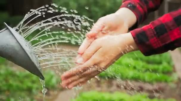 Slow-motion video van vrouwelijke boer wassen van de handen na het werk in de tuin - Video