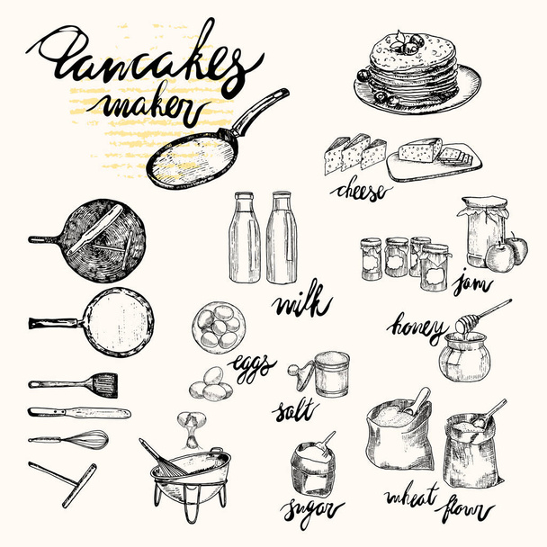 Illustration vectorielle : crêpes et ingrédients, vaisselle de cuisine. Stylo style dessiné
. - Vecteur, image