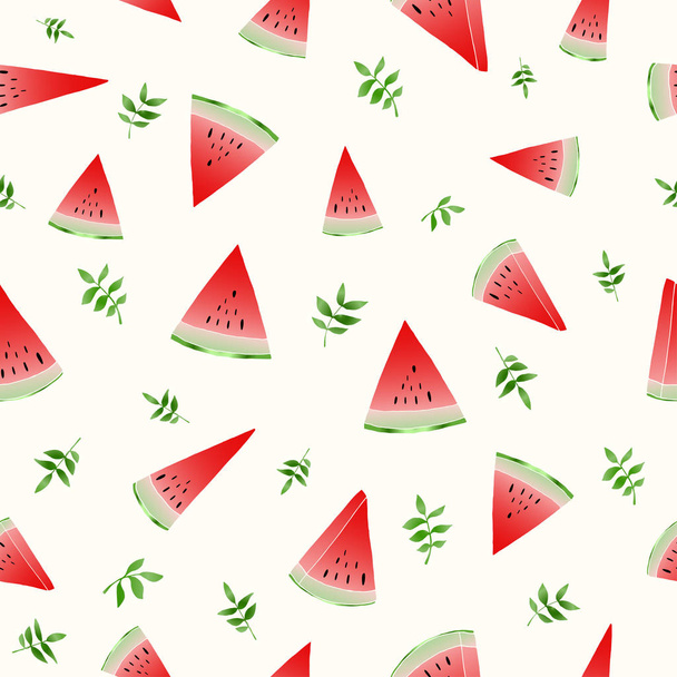 Vector illustration. Slices of watermelon and green branches seamless pattern. Fresh summer pattern. - Vektor, Bild