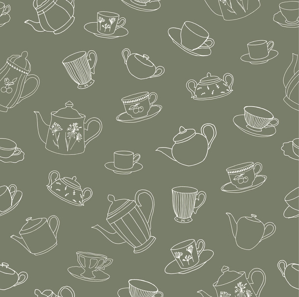 Illustration vectorielle. Pots à thé, tasses et bols à sucre dessinés au stylo. Ensemble en porcelaine dessinée à la main. Modèle sans couture
. - Vecteur, image