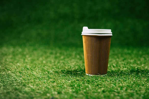 disposable cup of coffee on green lawn - Photo, Image