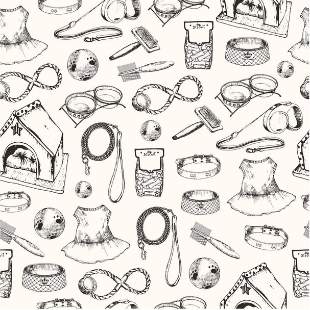 Vector illustration, hand drawn sketch: dog accessories make seamless pattern. - Vector, Image