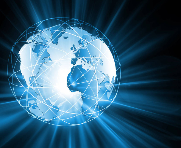 Mejor Concepto de Internet de los negocios globales. Globo, líneas brillantes en el fondo tecnológico. Wi-Fi, rayos, símbolos Internet, ilustración 3D
 - Foto, imagen