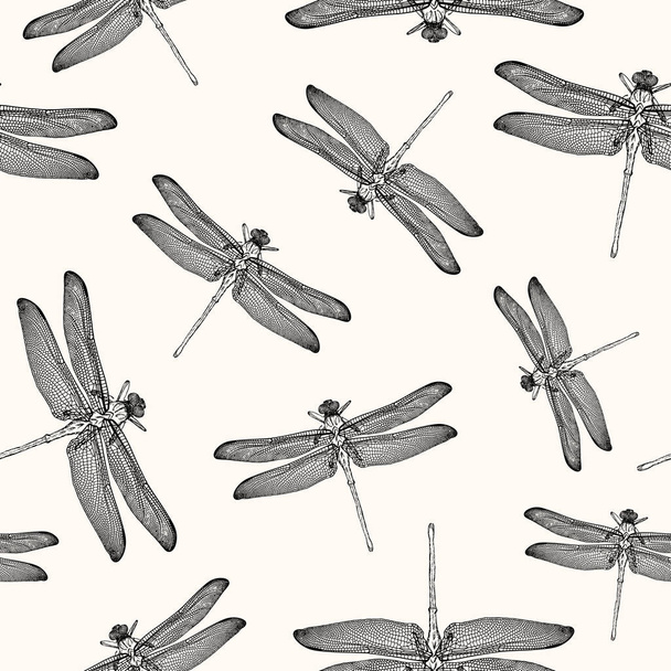 Vector illustration. Dragonfly and wings. Pen style vector seamless pattern. - Vector, Image