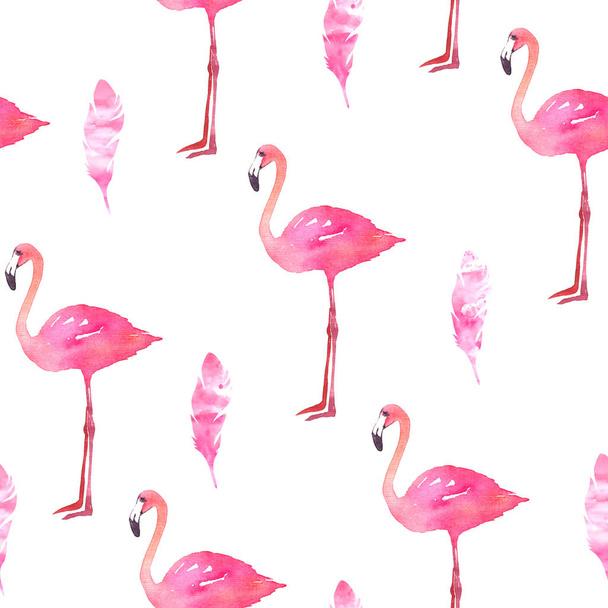 Watercolor illustration, feather silhouette with watercolor splash background, watercolor flamingo seamless pattern - Photo, Image