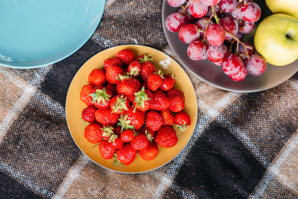 Halının üzerinde piknik için farklı meyve - Fotoğraf, Görsel