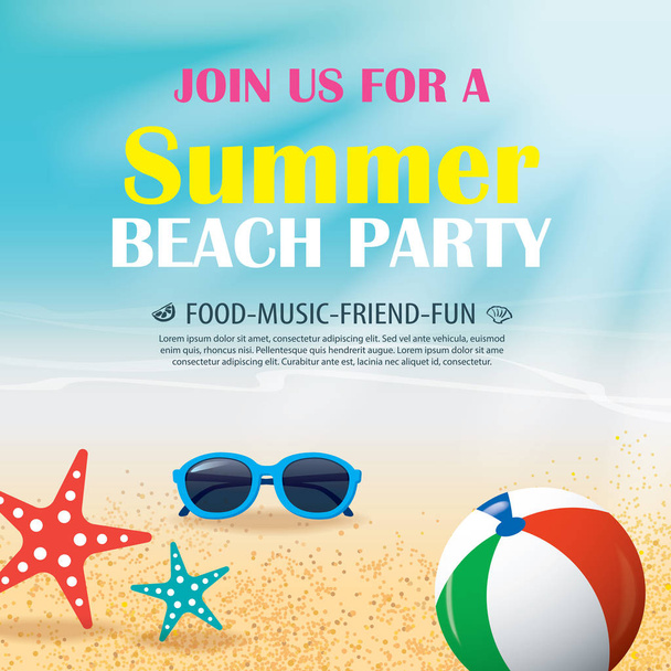 Αφίσα πρόσκληση κόμμα παραλία καλοκαίρι με στοιχείο και το μπλε νερό - Διάνυσμα, εικόνα