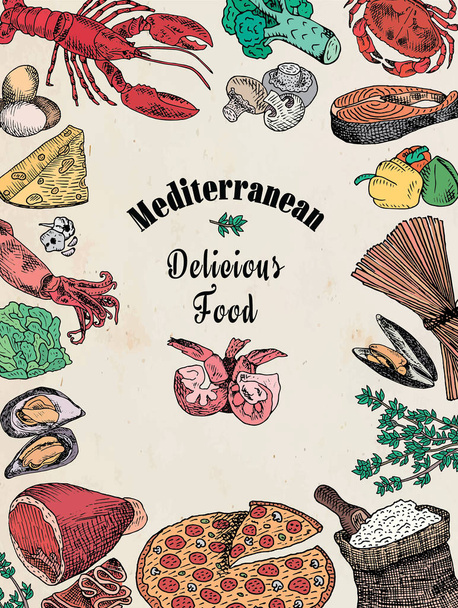 delicious mediterranean food, broccoli, calamari, cheese, crab, eggs, fish, flour, garlic, lettuce, lobster, mushroom, mussels, pepper, pizza, prawn, shell, shrimp, spaghetti, squid - Vector, Image