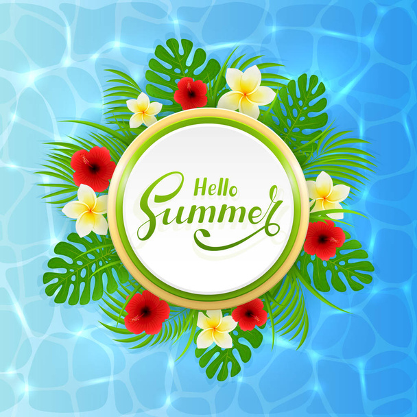 Kaart met belettering Hallo zomer en palm bladeren op water backgr - Vector, afbeelding