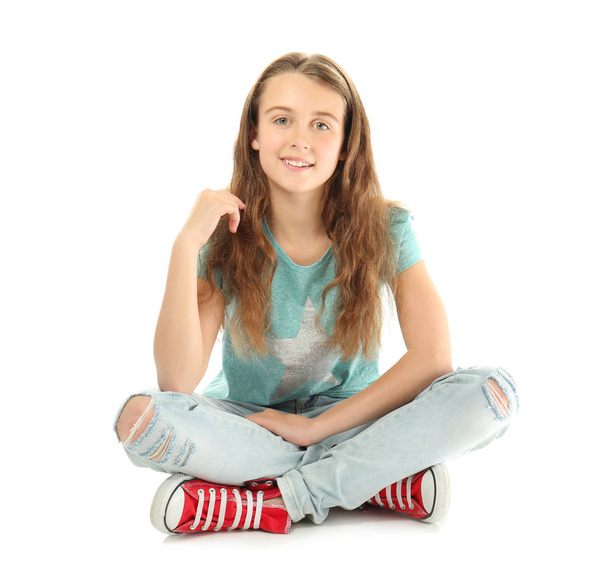 Cute teenager girl on white background - Foto, Imagen