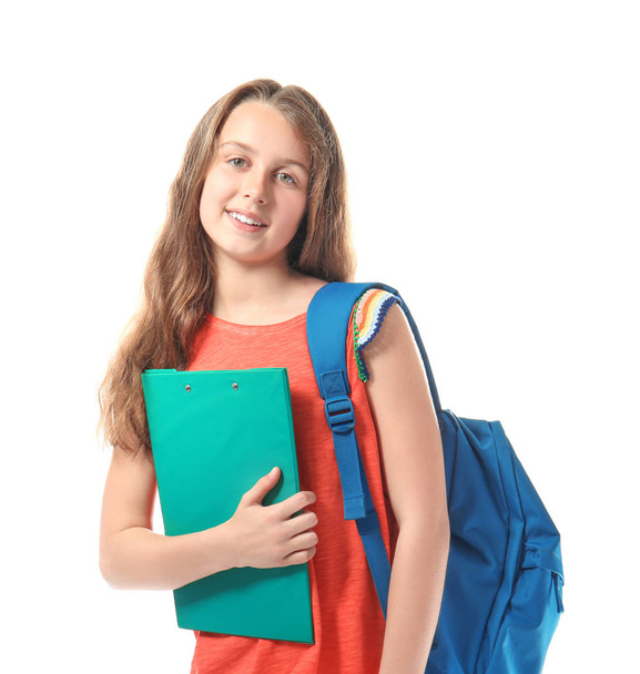 Cute teenager girl with schoolbag and clipboard on white background - Φωτογραφία, εικόνα