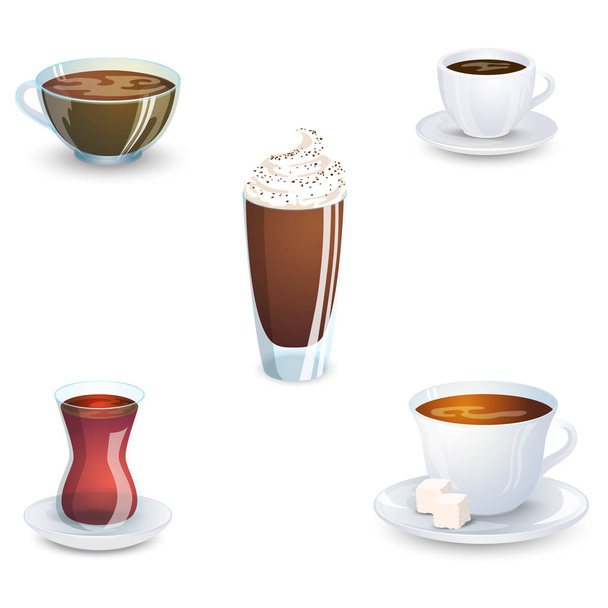 Set of delicious hot drinks coffee, tea and supplies isolated on white background. Vector illustration. - Вектор, зображення