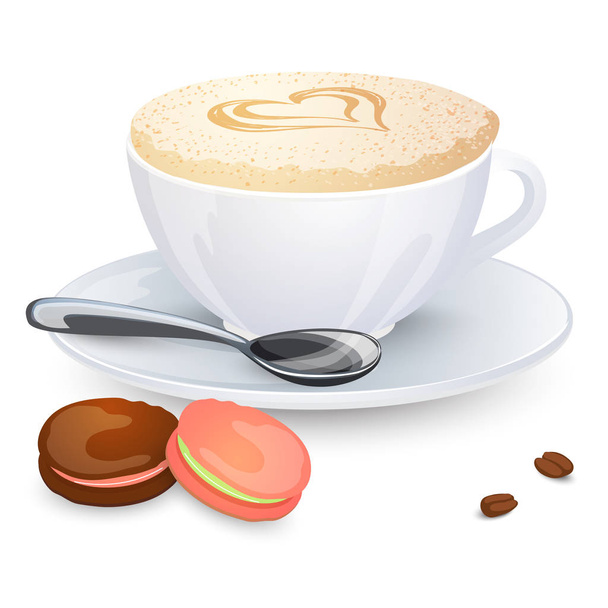 Cappuccino cup with hearts design on top and macaroons isolated on white background. Vector illustration. - Vecteur, image