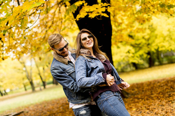 usmívající se pár objímání v podzimním parku - Fotografie, Obrázek