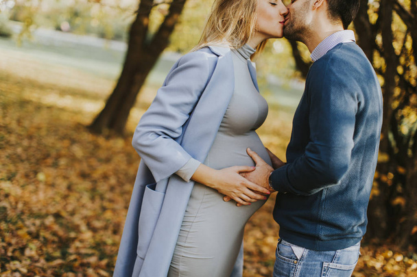 Pregnant woman and her loving man posing at autumn park - Fotó, kép