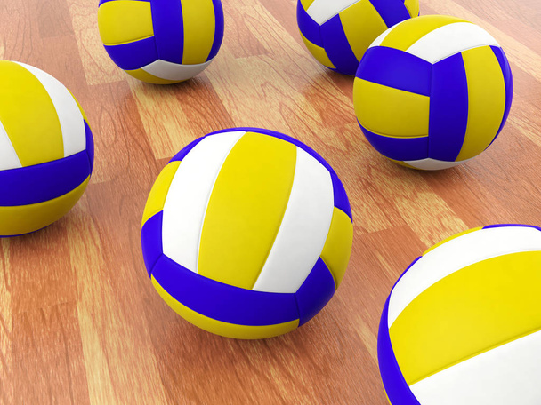 Волейбольные мячи на паркетном полу
 - Фото, изображение