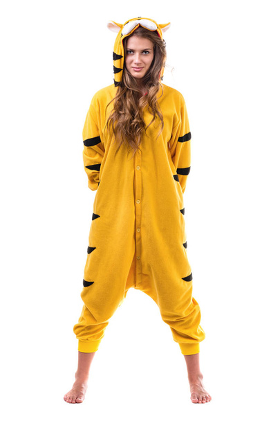 young woman in the tiger costume. Isolated on white background in full length - Φωτογραφία, εικόνα