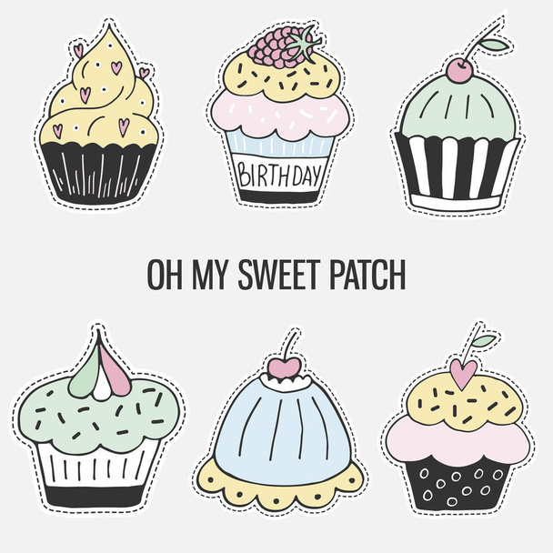 Set of colorful cartoon hand drawn cupcake. Isolated vector illustration in patch style. - Vector, Image