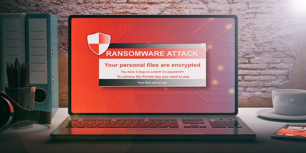 Alerta de ransomware en la pantalla de un ordenador portátil. ilustración 3d
 - Foto, Imagen