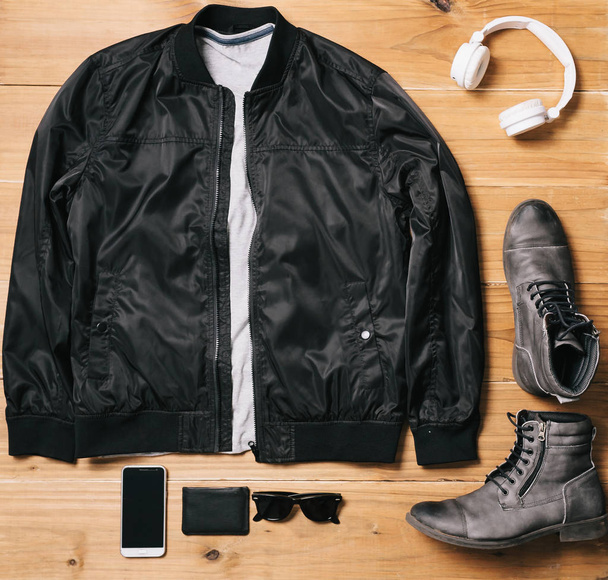 Flat lay set of men`s clothes and accessories on wooden backgrou - Fotoğraf, Görsel