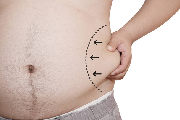 изолированный человек рука хватает его жир живота с линией рисования
  - Фото, изображение