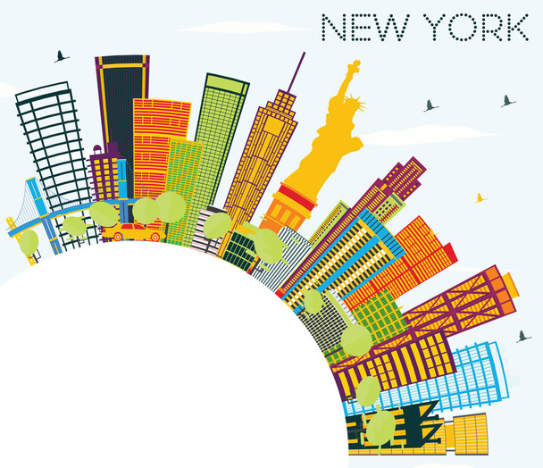 New York Skyline with Color Buildings, Blue Sky and Copy Space. - Vector, imagen