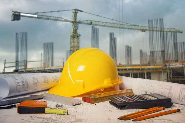 Yellow construction helmet, building and industry - Fotoğraf, Görsel