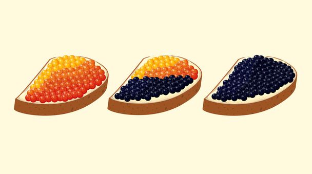 Vektor Illustration Set Sandwiches mit schwarzem und rotem Kaviar. - Vektor, Bild