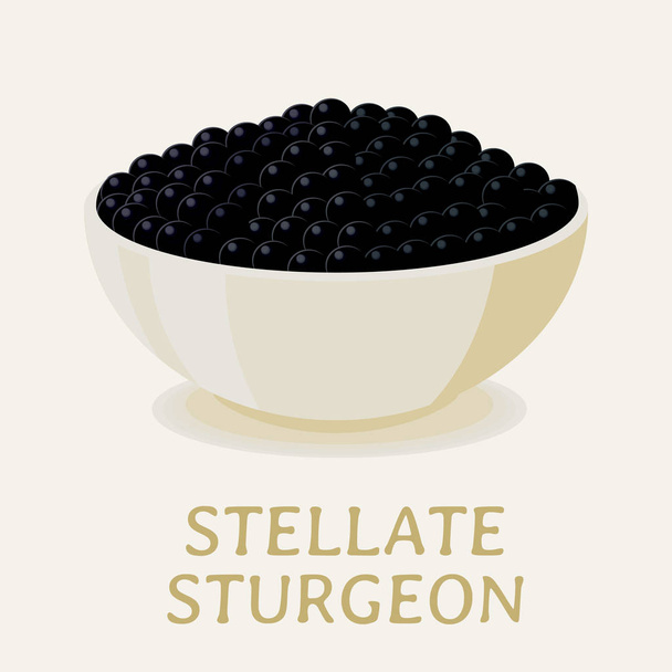 Vektor-Illustration des schwarzen stellaten Stör-Kaviars in einem weißen Teller. - Vektor, Bild