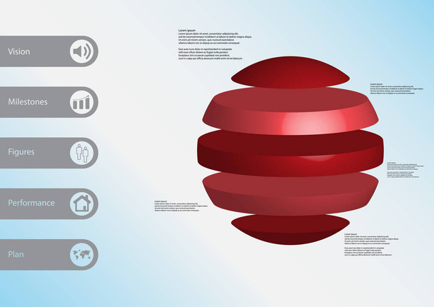 3D illustrazione modello infografico con palla divisa orizzontalmente a cinque parti rosse standalone
 - Vettoriali, immagini