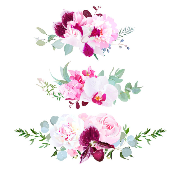 Stylish mix of horizontal bouquets vector design set - Vektör, Görsel