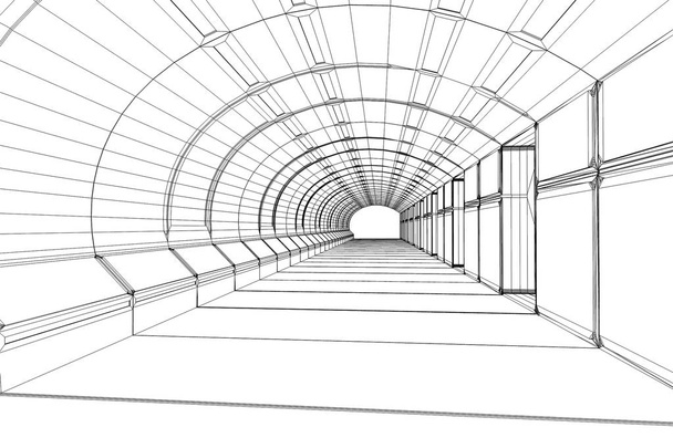 3d render. Futuristic interior corridor wireframe sketch - Photo, Image